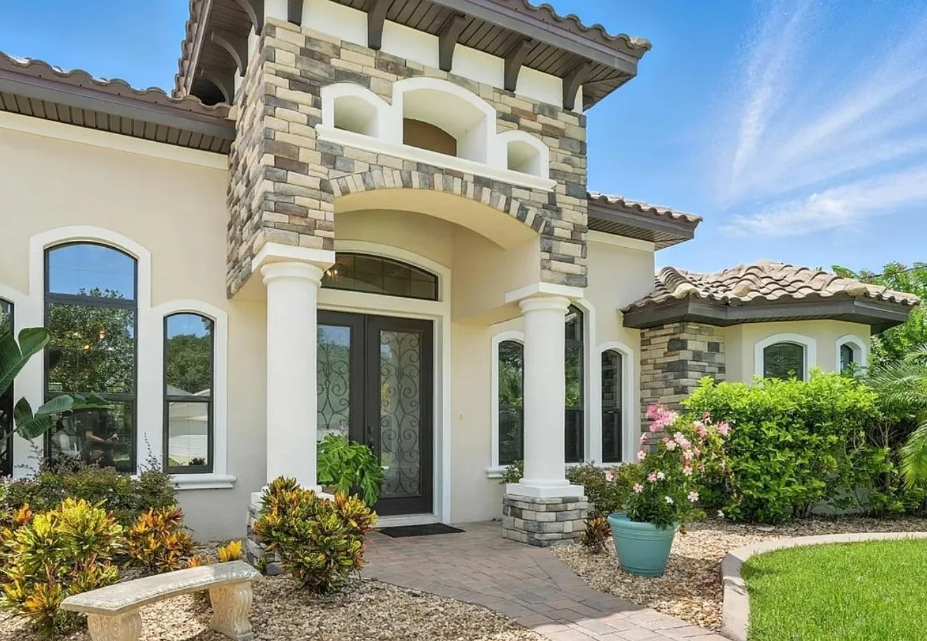 Architectural stone entry detail on a custom home