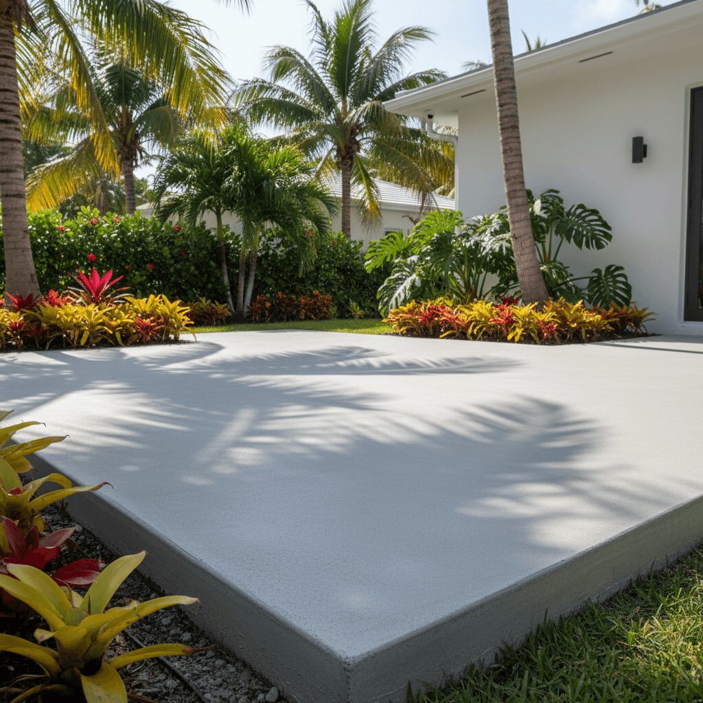 Concrete patio with tropical landscaping