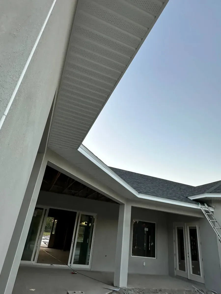 White soffit panels and roof overhang detail
