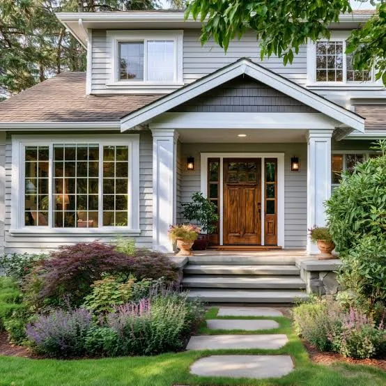 Traditional home exterior with upgraded front door and large windows